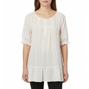 Sundance Shirt Womens Medium Ivory Pintuck Henley Ruffle Hem Boho Cotton Peasant